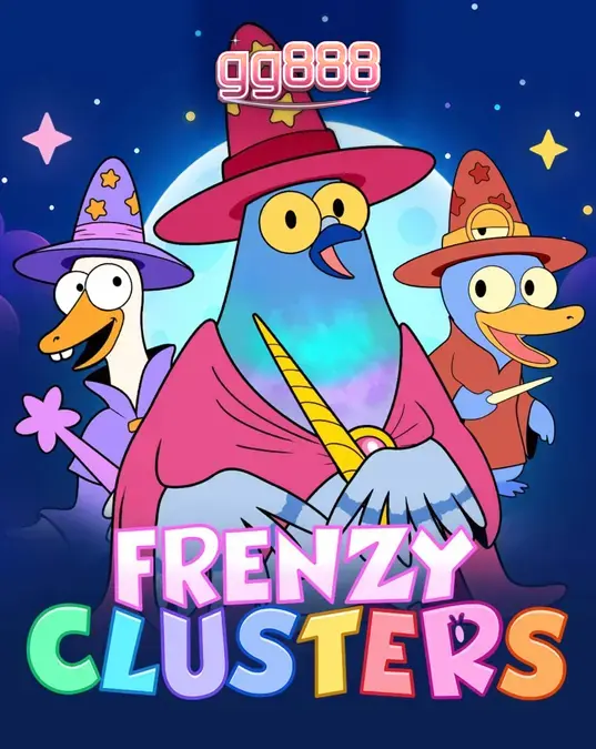 Tampilan antarmuka permainan slot Frenzy Clusters dengan karakter hero dan grid 7x7